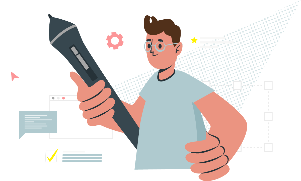 Person holding a larger-than-life stylus with interface elements in the background