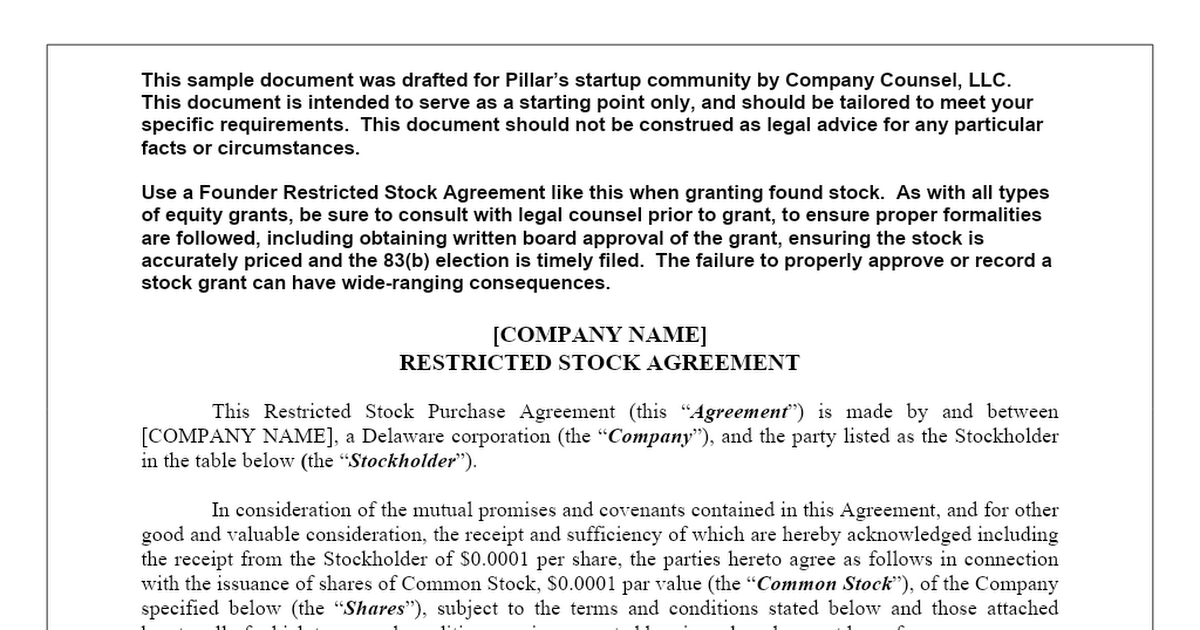 Form of Founder Restricted Stock Agreement - Template