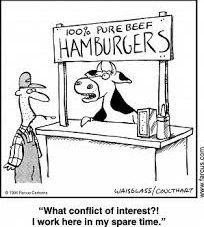 cartoon of a farmer buying burgers from a cow