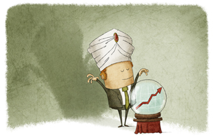 cartoon of a fortune teller in a business suit predicting the rise of a stock