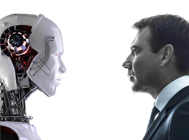 a robot and human looking at each other