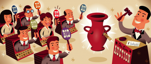 cartoon of bidders in an action