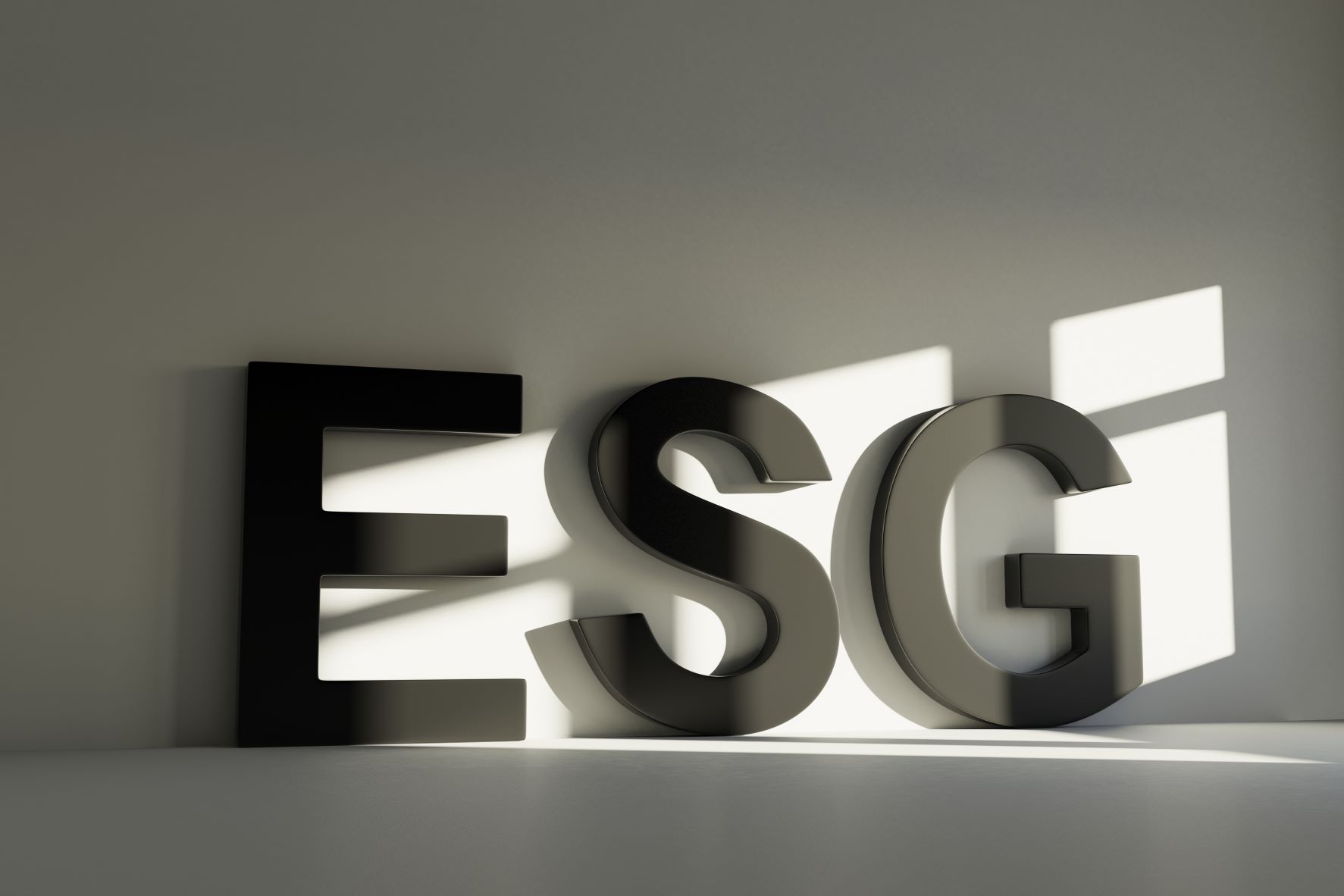 "ESG" in large block letters leaning against a wall with light from a window hitting them