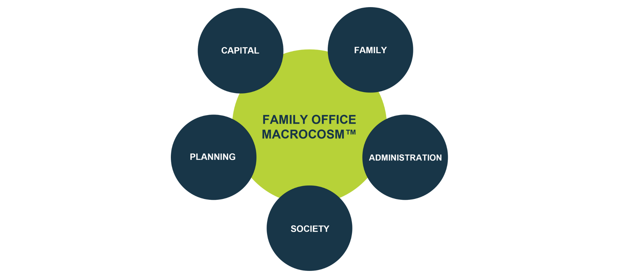 green circle with "Family Office Macrocosm" in the center and 5 smaller blue circles around it that say "Family", "Administration", "Society", "Planning" and "Capital" distributed proportionally