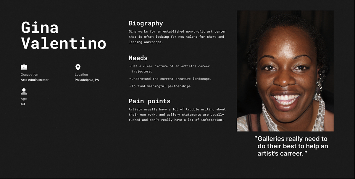 A user persona, a UX deliverable with an image of an African American woman with her demographic information, biographic information, needs, and painpoints