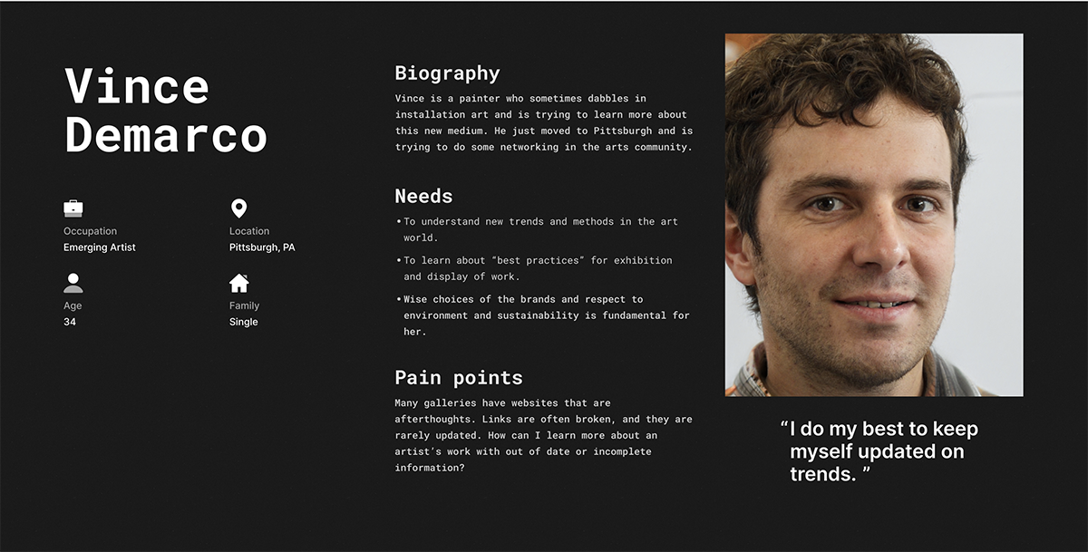 A user persona, a UX deliverable with an image of a caucasian man with his demographic information, biographic information, needs, and painpoints