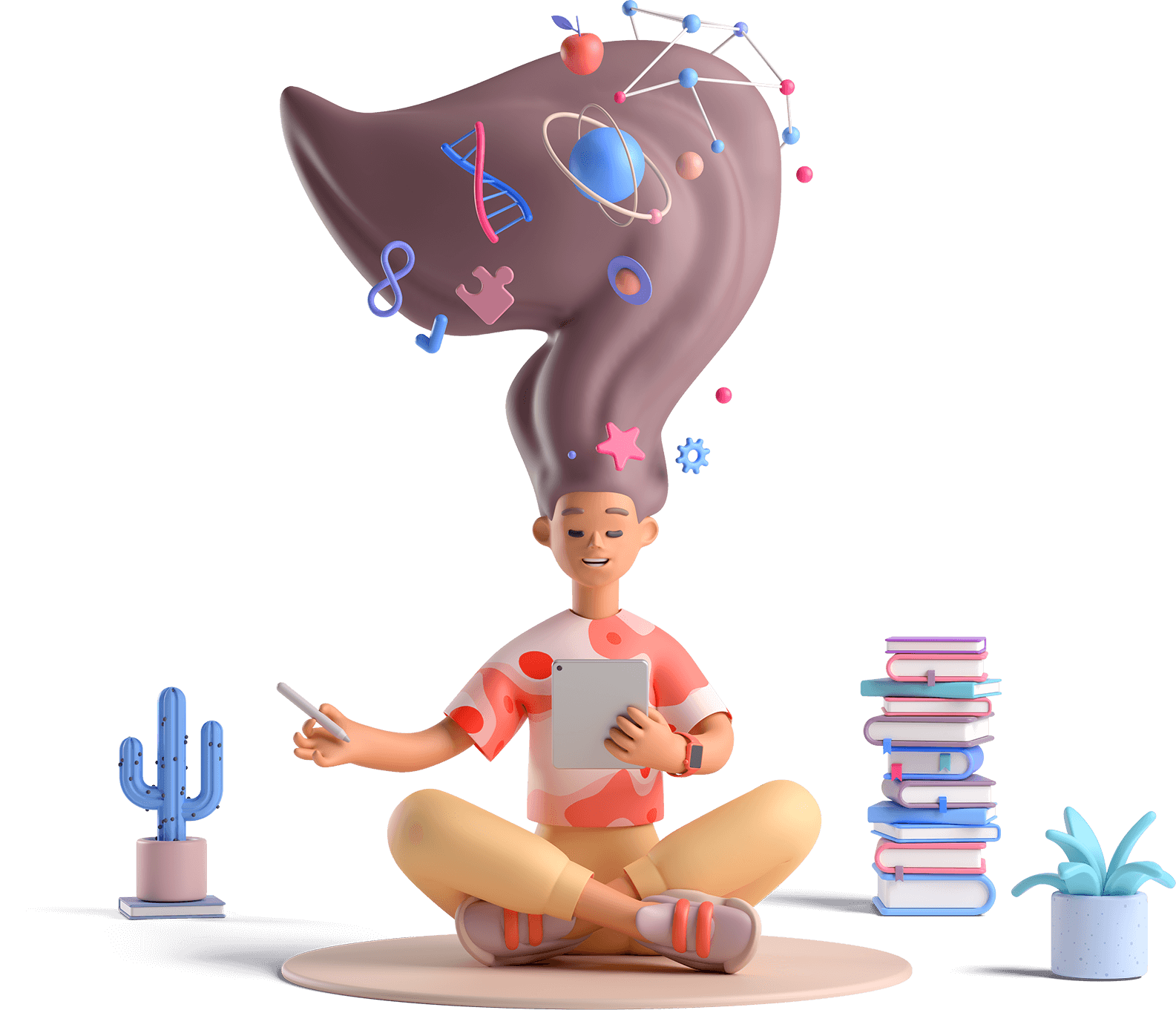 Girl Thinking Next To Pile Of Books