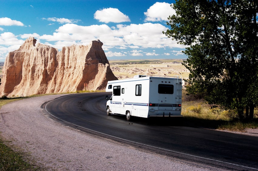 RV driving on road in South Dakota