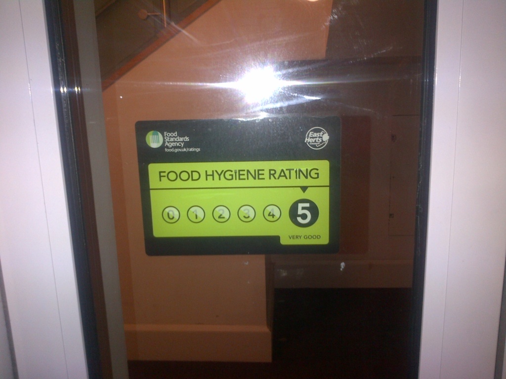 Food hygiene rating displayed on a door
