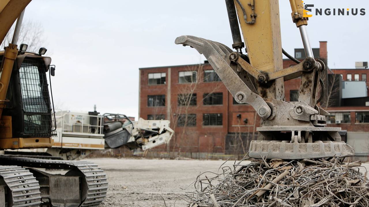 excavator with magnetic attached for sorting materials for recycling