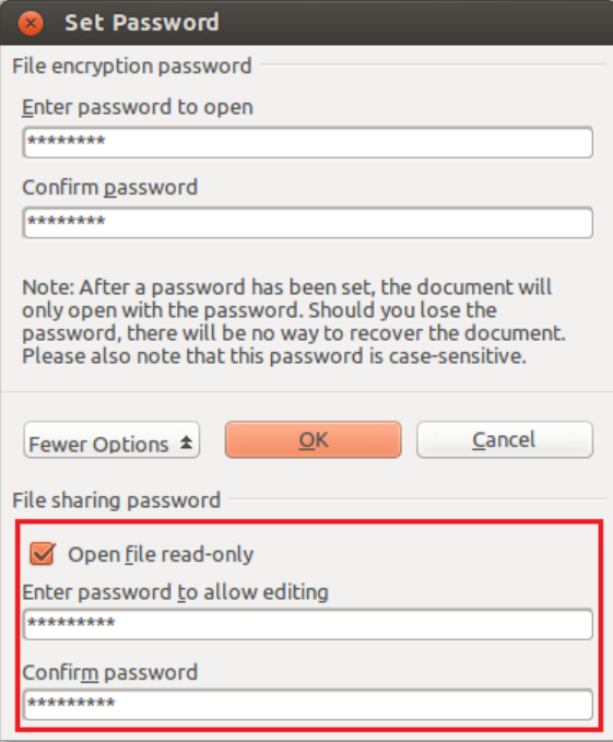 screen of how to set password with LibreOffice