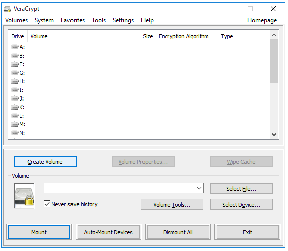 main window about Veracrypt to create a protect file