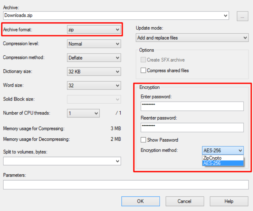 screen of how to insert password to encrypt file