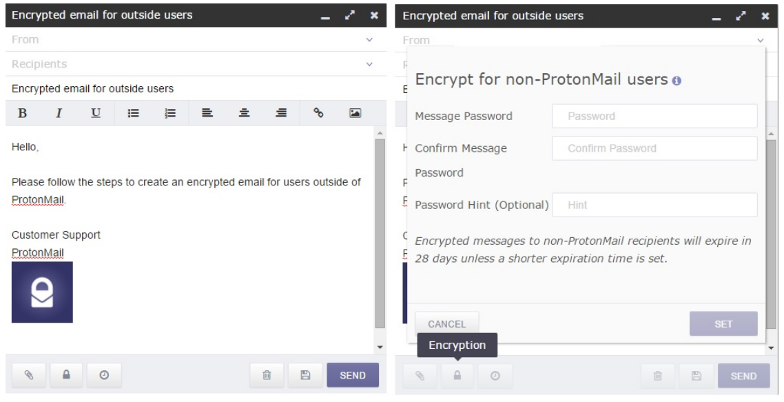 screen of an example to send an encrypted message with protonmail