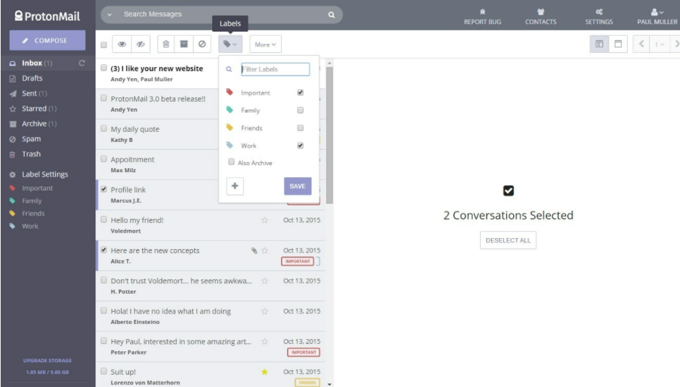 main window of ProtonMail