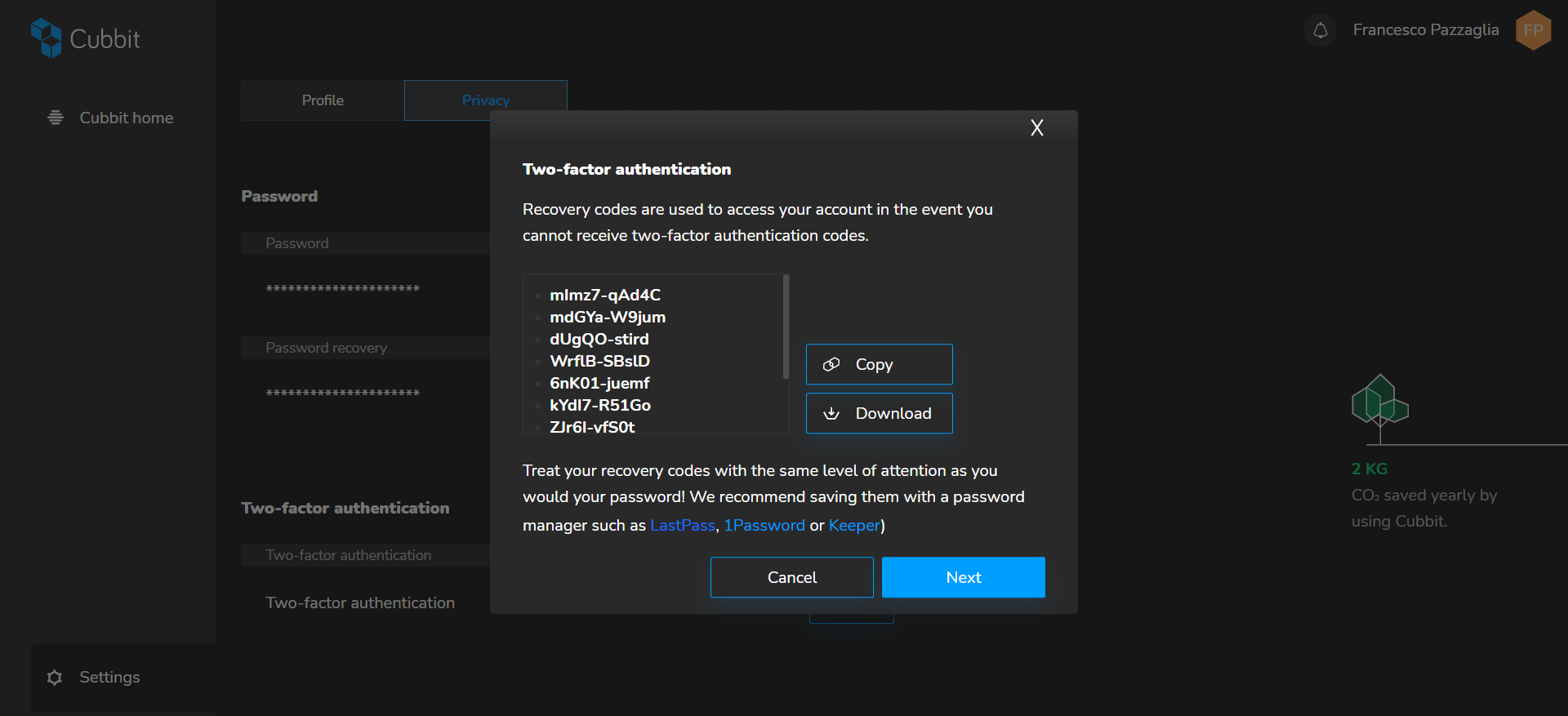 two factor authentication recovery codes