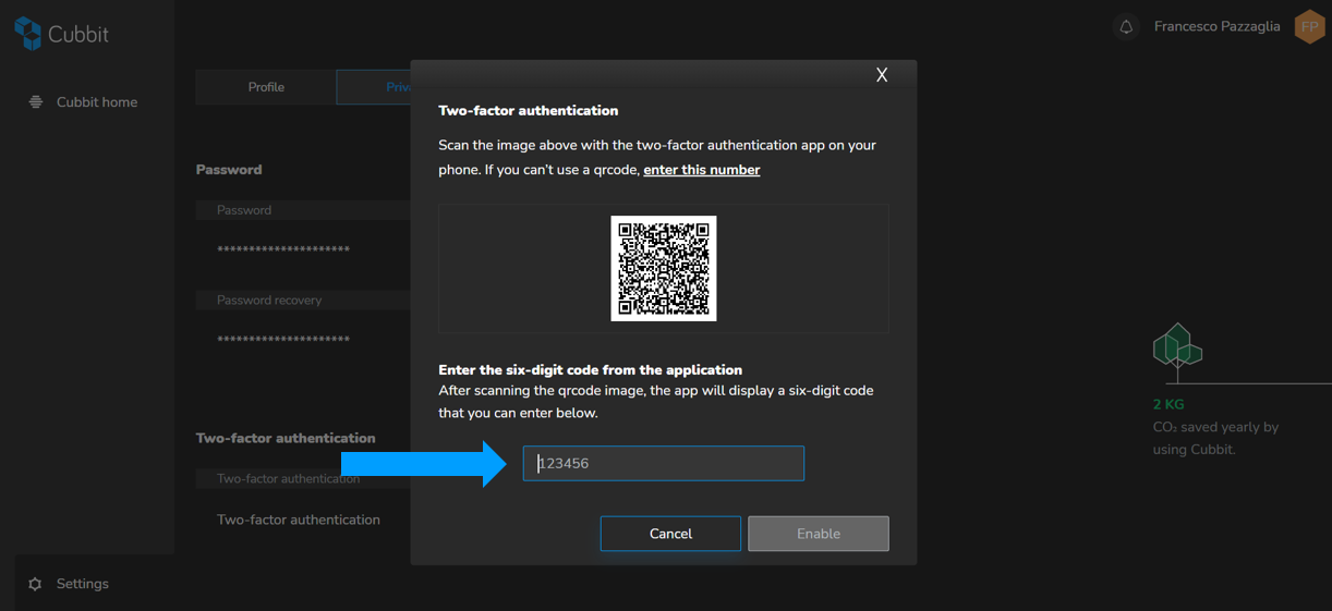 enabling two factor authentication on web app cubbit