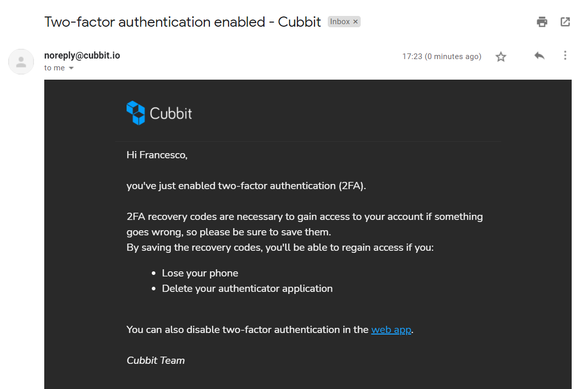 email about two factor authentication enabled - cubbit