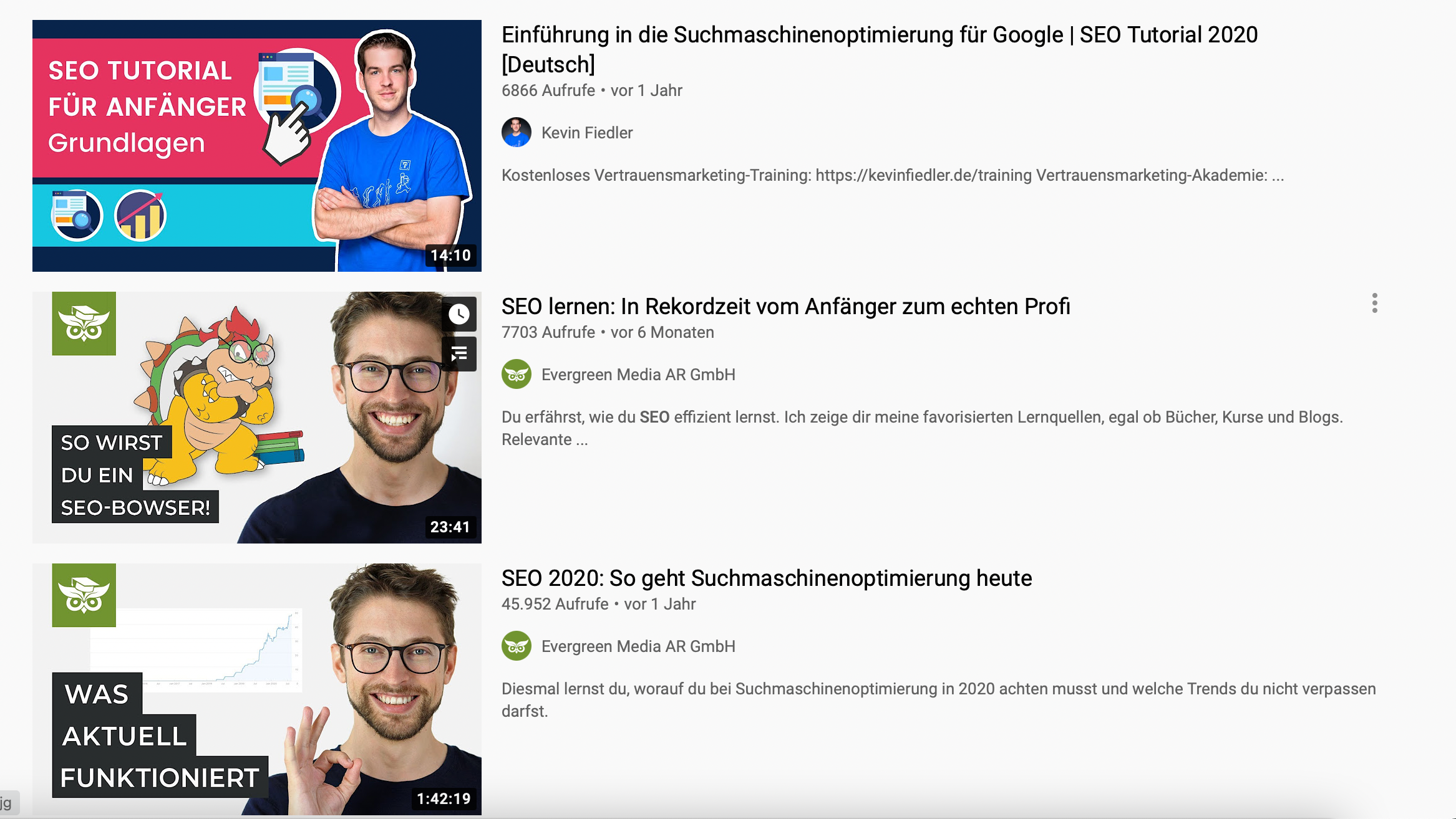 Suchergebnisse für SEO auf YouTube