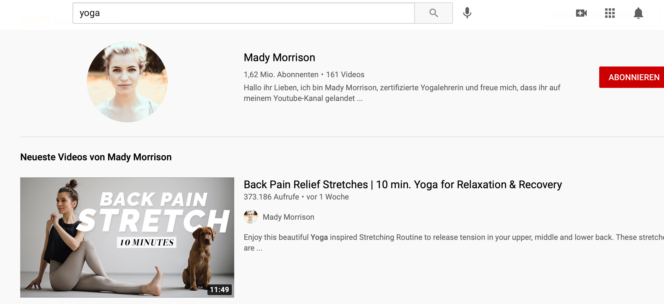 YouTube Suchergebnisse für Yoga