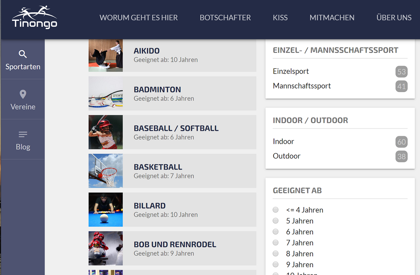 Durch bestimmte Filtereinstellungen können passende Sportarten gesucht werden.