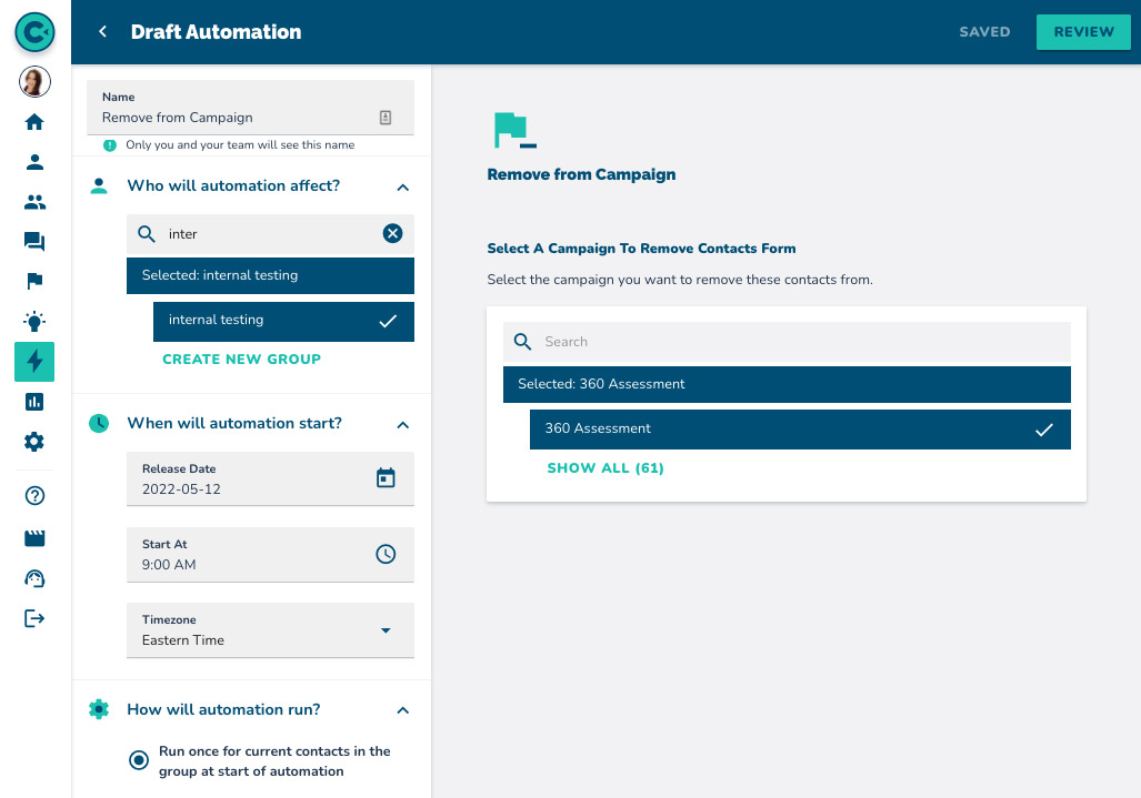 automation remove group from campaign