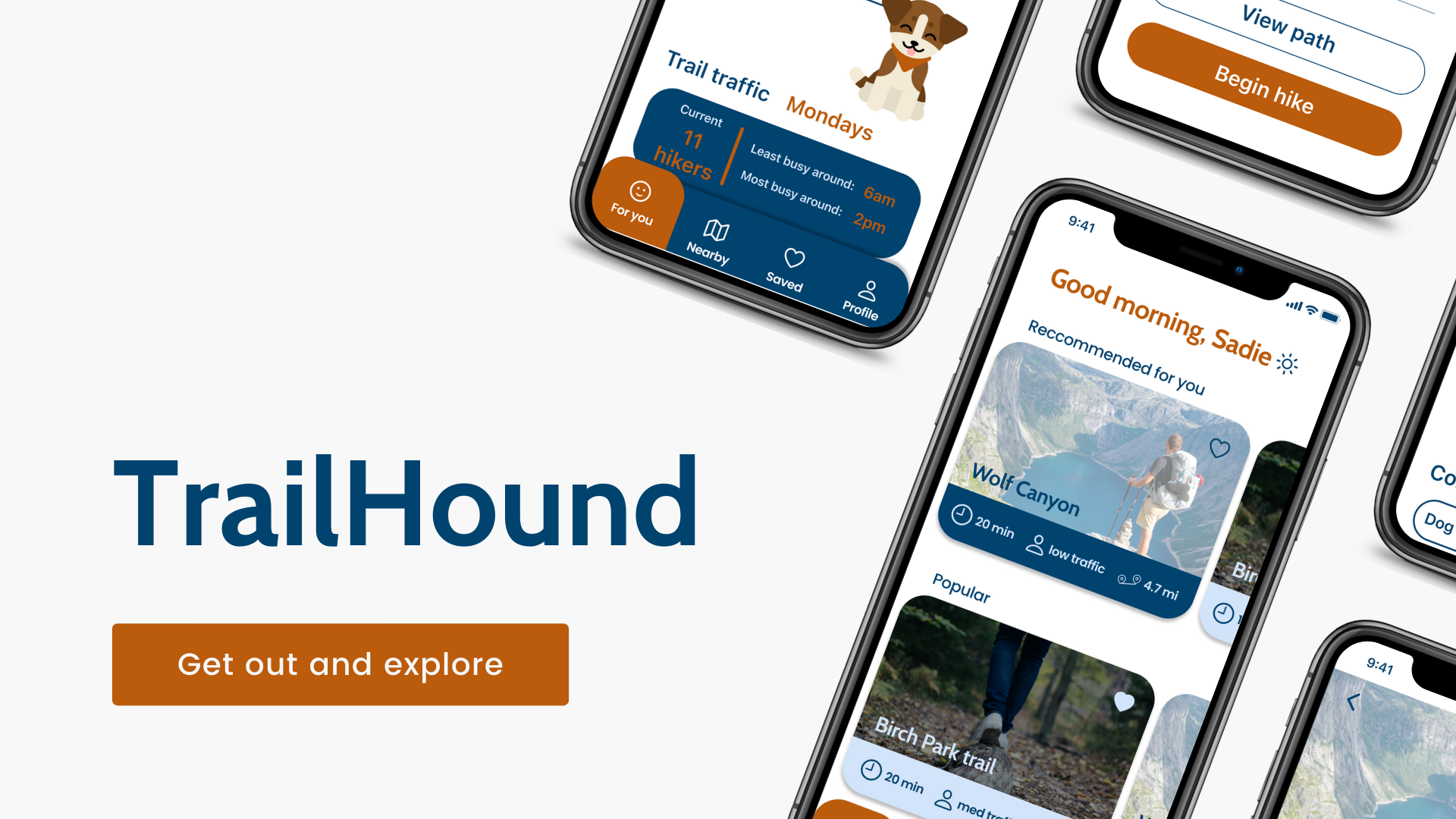 Left side reads "TrailHound" in blue with an orange button below reading "Get out and explore". Right side has iPhones at a diagonal, showing the app on screen.
