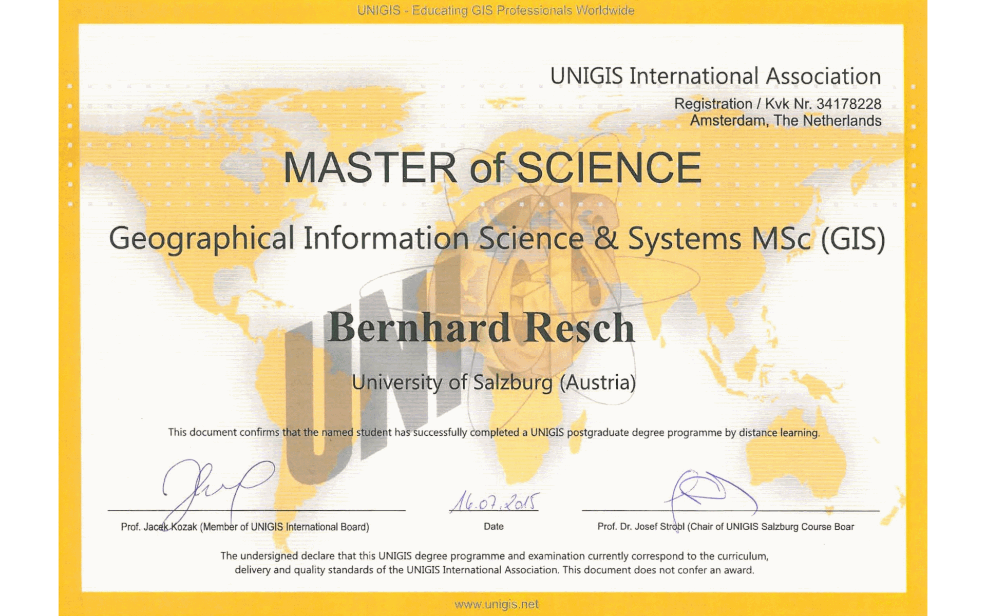Bernhard Resch, Master of Science