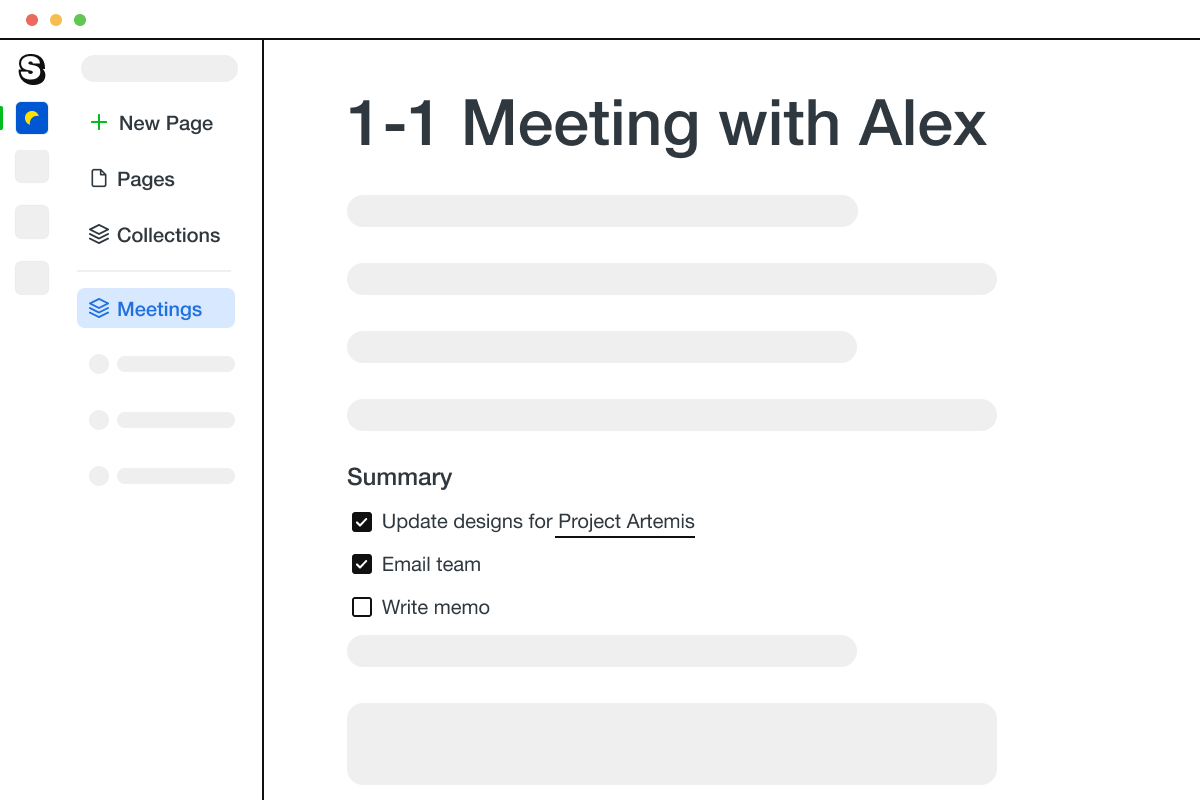 A page in Saga showing a meeting note for a 1:1 meeting with a team member.