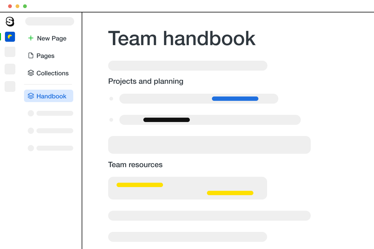A page in Saga showing a team handbook and a project wiki.
