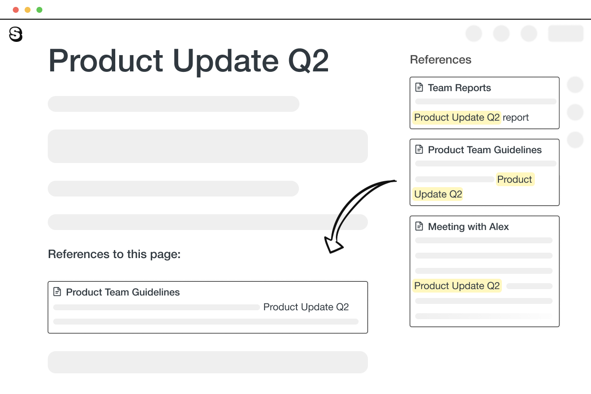 An illustration showing references in Saga. References to a page titled Product Update Q2 are displayed on the right side of the screen.