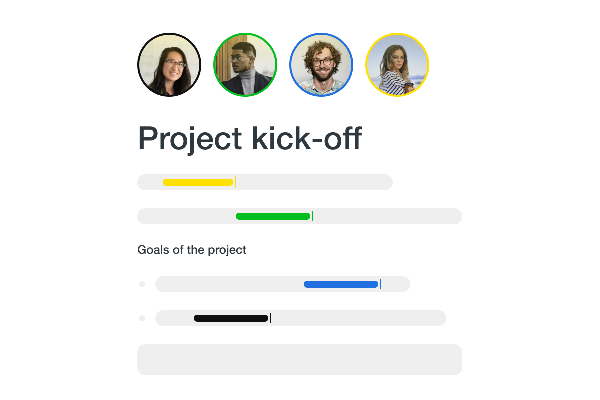 An illustration showing collaborative editing of a Project kick-off document inside Saga.