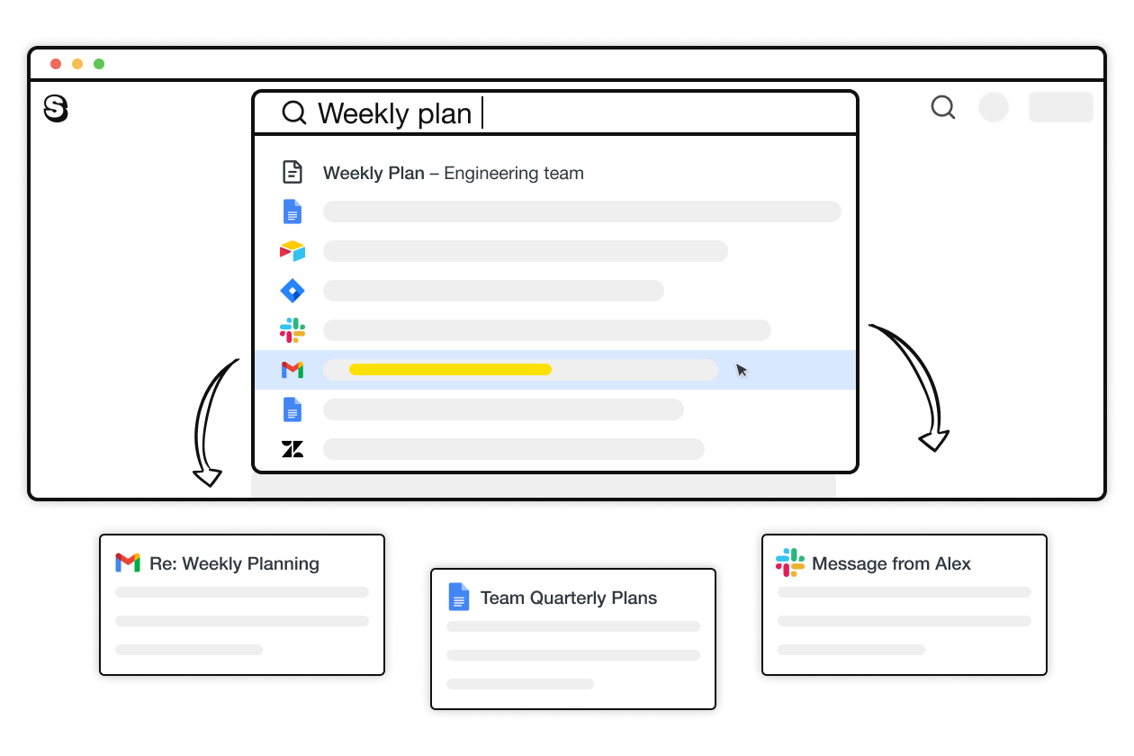 An illustration showing how integrations work in Saga. Results from Google Docs, Slack, JIRA, Gmail, Zendesk are displayed inside the search menu in Saga.