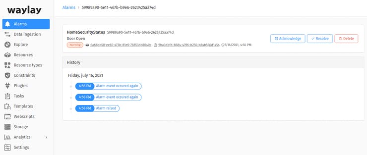 Alarm logs on Waylay IO