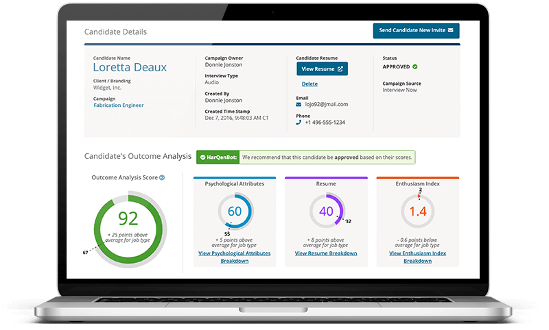 A candidate sample page from Harqen's platform on a laptop screen