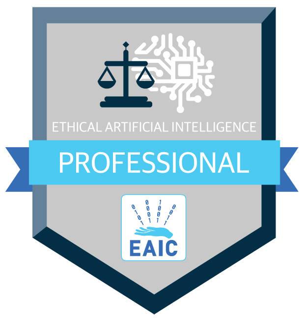 A badge with icons representing a scale and a brain with a processor in it. This badge is given by the EAIC when certified.