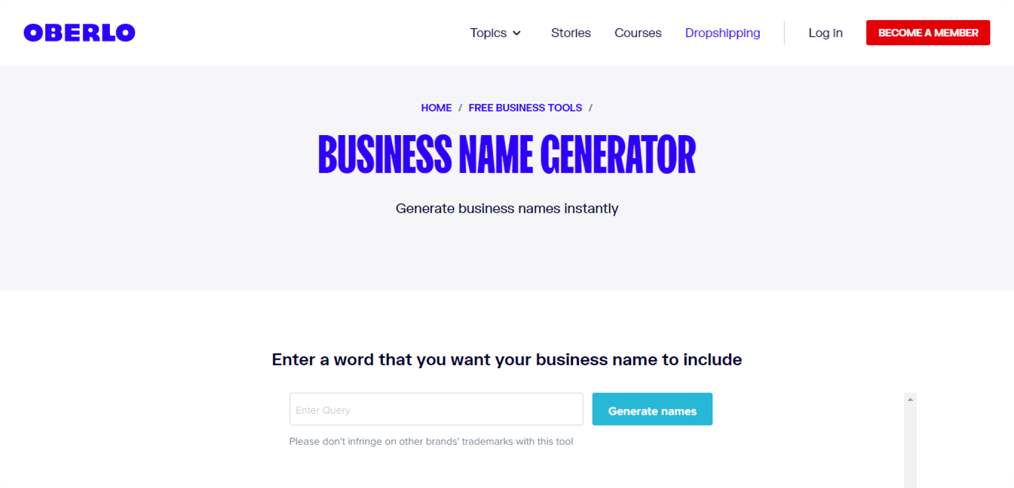 Oberlo-Generator-also-provide-business-name-for-small-business-to-choose-openly