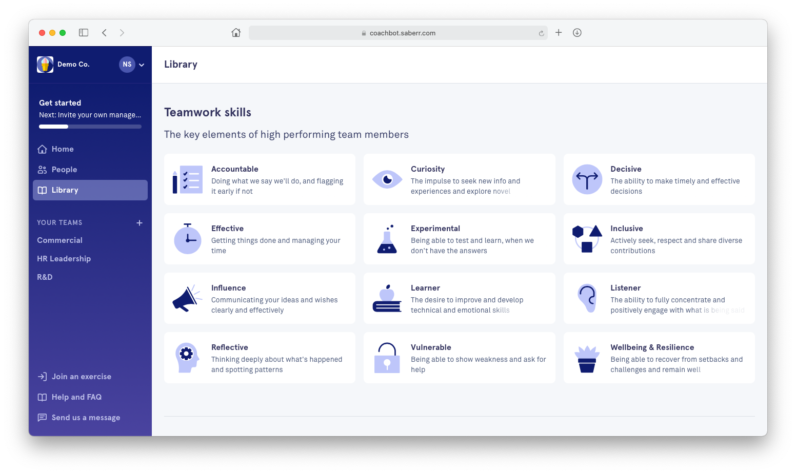 Screenshot of teamwork skills displayed in the Saberr platform