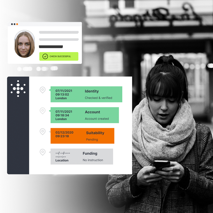 A woman using her phone with screenshots of the app.