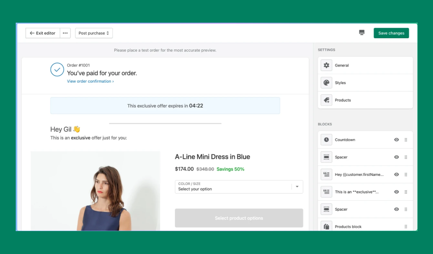 Drag & Drop editor of Post Purchase offer by Checkout Promotions