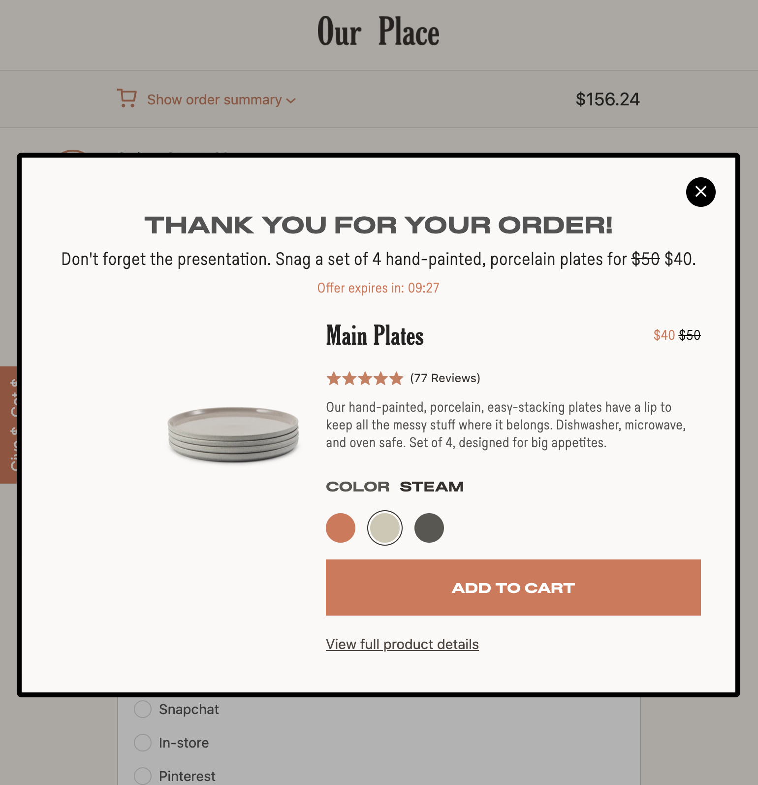 Thank you page upsell by Our Place