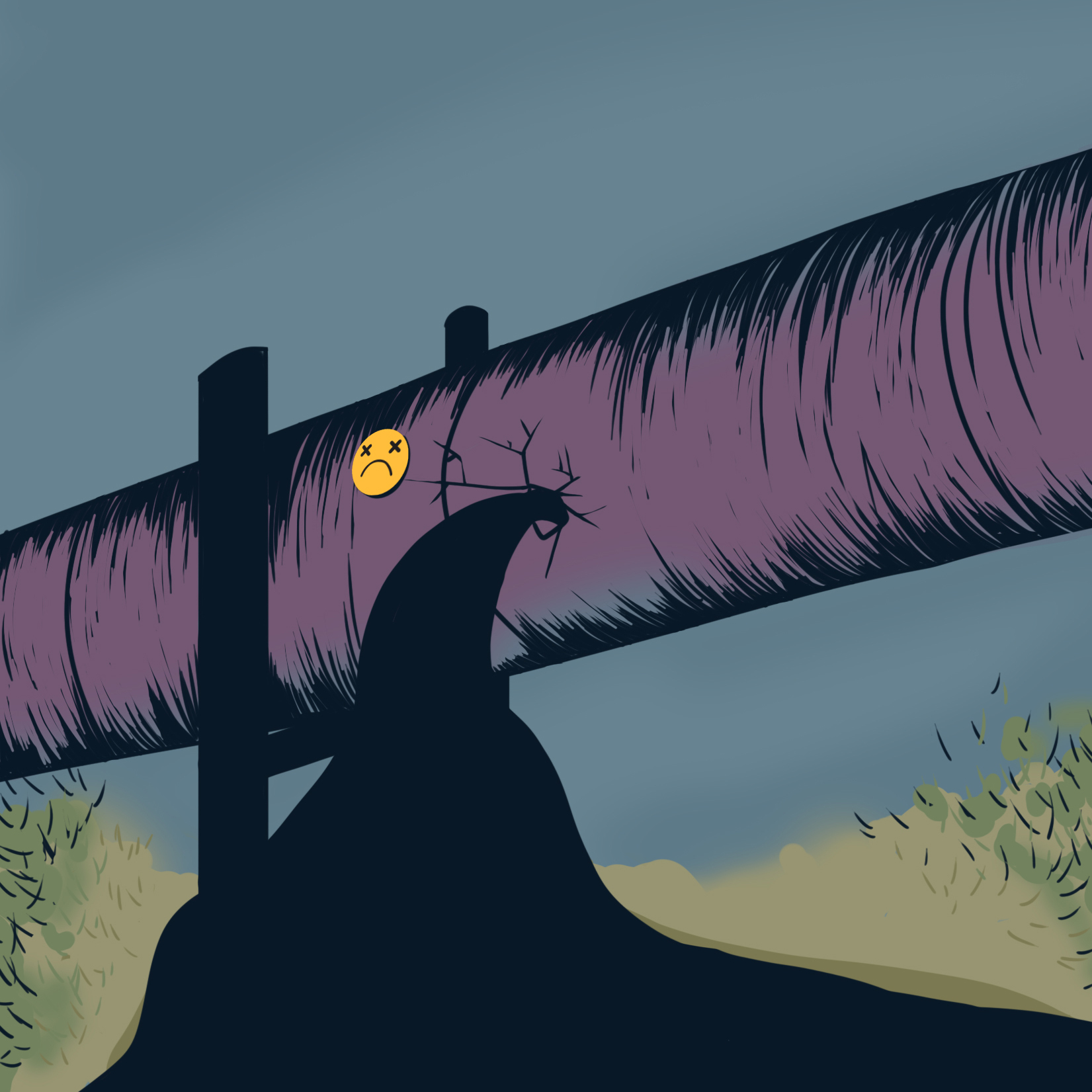 A purple pipeline with a gasoline coming out from the pipeline. The gasoline is black and flowing into the rivers and lakes in Canada.