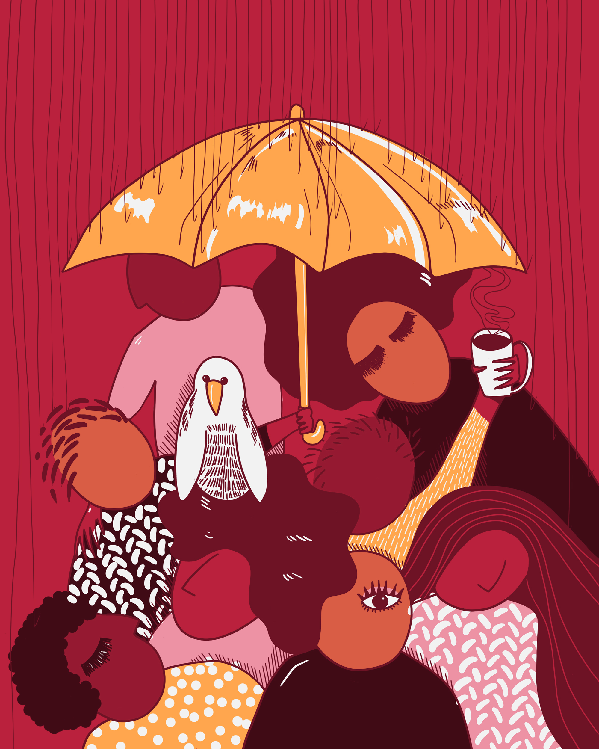 Illustration by Stefanie Auger-Roy. The illustration features 8 characters together holding an orange umbrella on a bright burgundy background.