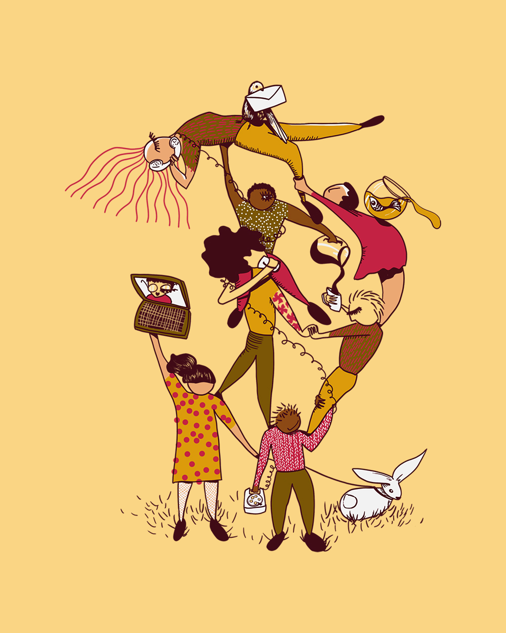 Illustration by Stefanie Auger-Roy. Featuring a group of 8 students forming a pyramid. They are holding each other, supporting each other. The background is yellow.