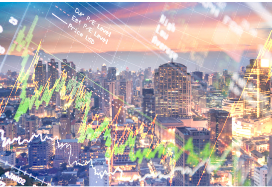 economic data graphs with city background