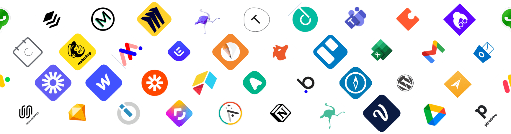 BanniÚre présentant des logos d'outils nocode : prospectin, waalaxy-integromat notion-airtable-webflow-teams-prospectin-clickup-pipedrive-wordpress