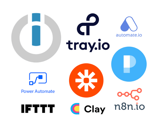Logos d'outils nocode d'automatisation : integromat zapier, automate.Io