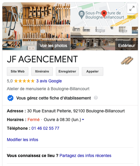 Fiche Google My Business je JF Agencement 5 étoiles