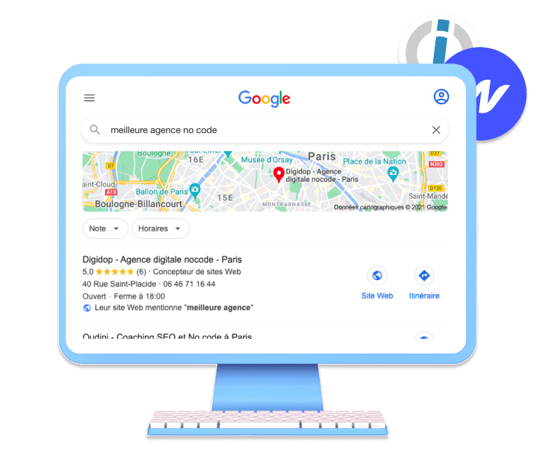 Recherche Google de Digidop meilleure agence nocode Ă paris avec le logo Webflow et integromat en fond d'ecran