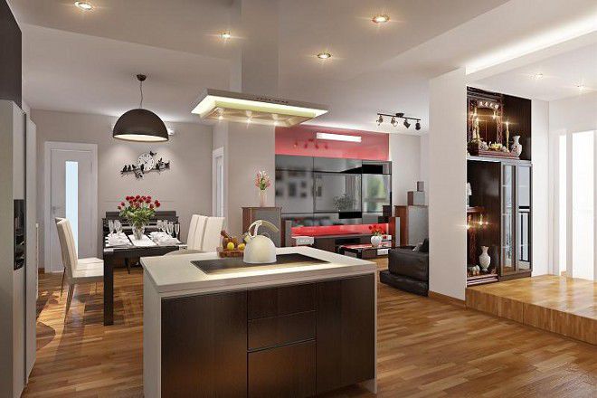 bàn ăn và quầy bar được bố trí hiện đại, ấm cúng.